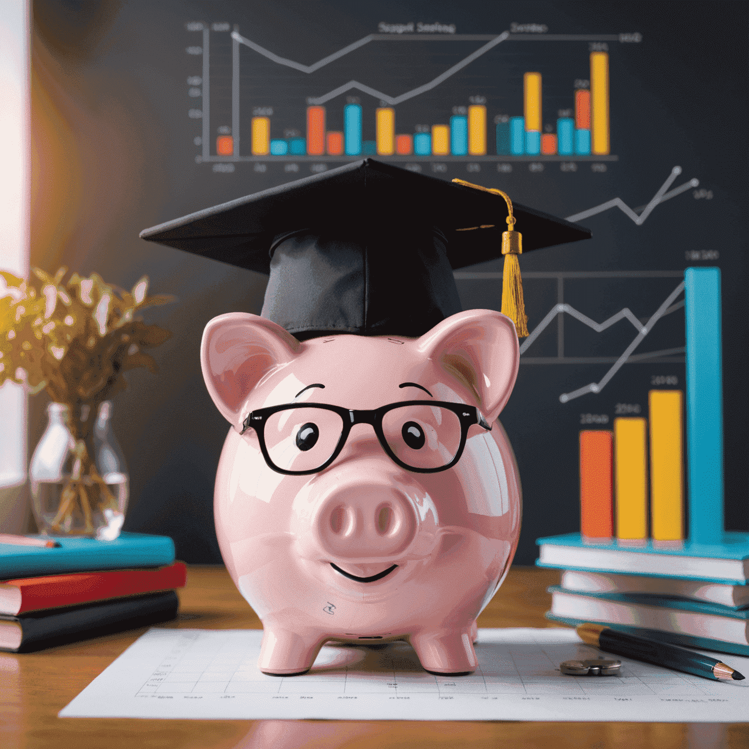 A piggy bank with a graduation cap, symbolizing smart and educated investing. Charts and graphs in the background represent financial growth and analysis.