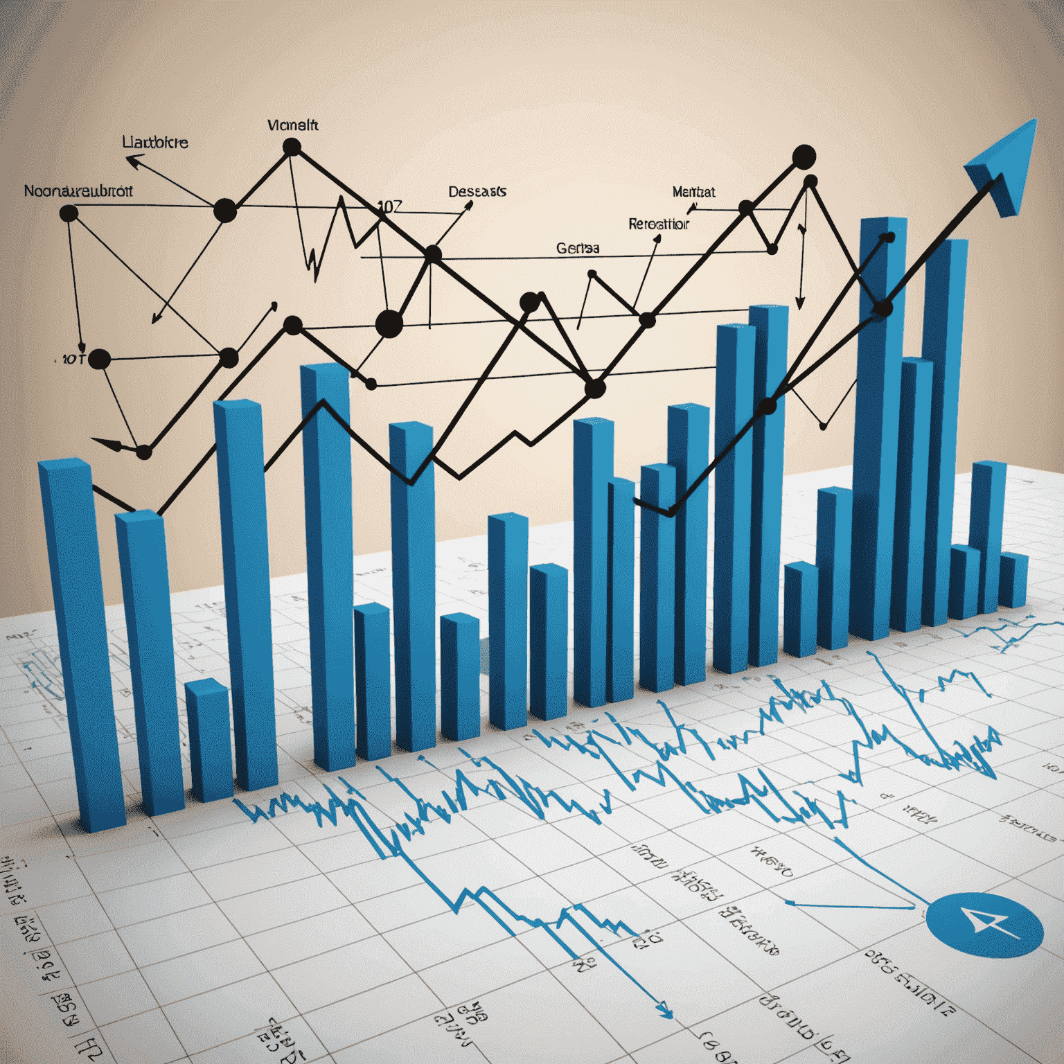 A dynamic graph showing various market trends with arrows pointing upwards and downwards, representing the volatility and patterns in financial markets