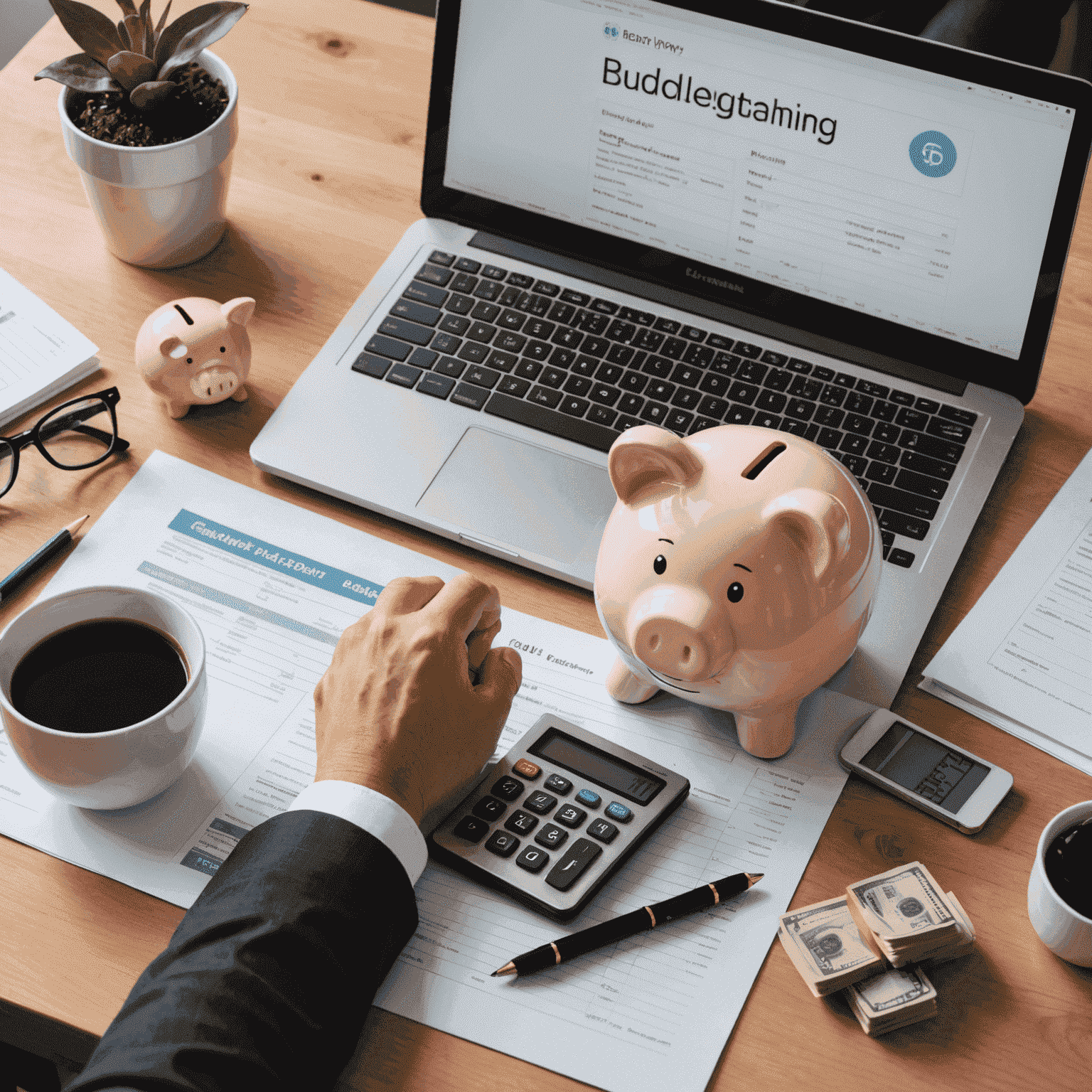 A person using a laptop and calculator, surrounded by financial documents and a piggy bank, representing budgeting and financial planning
