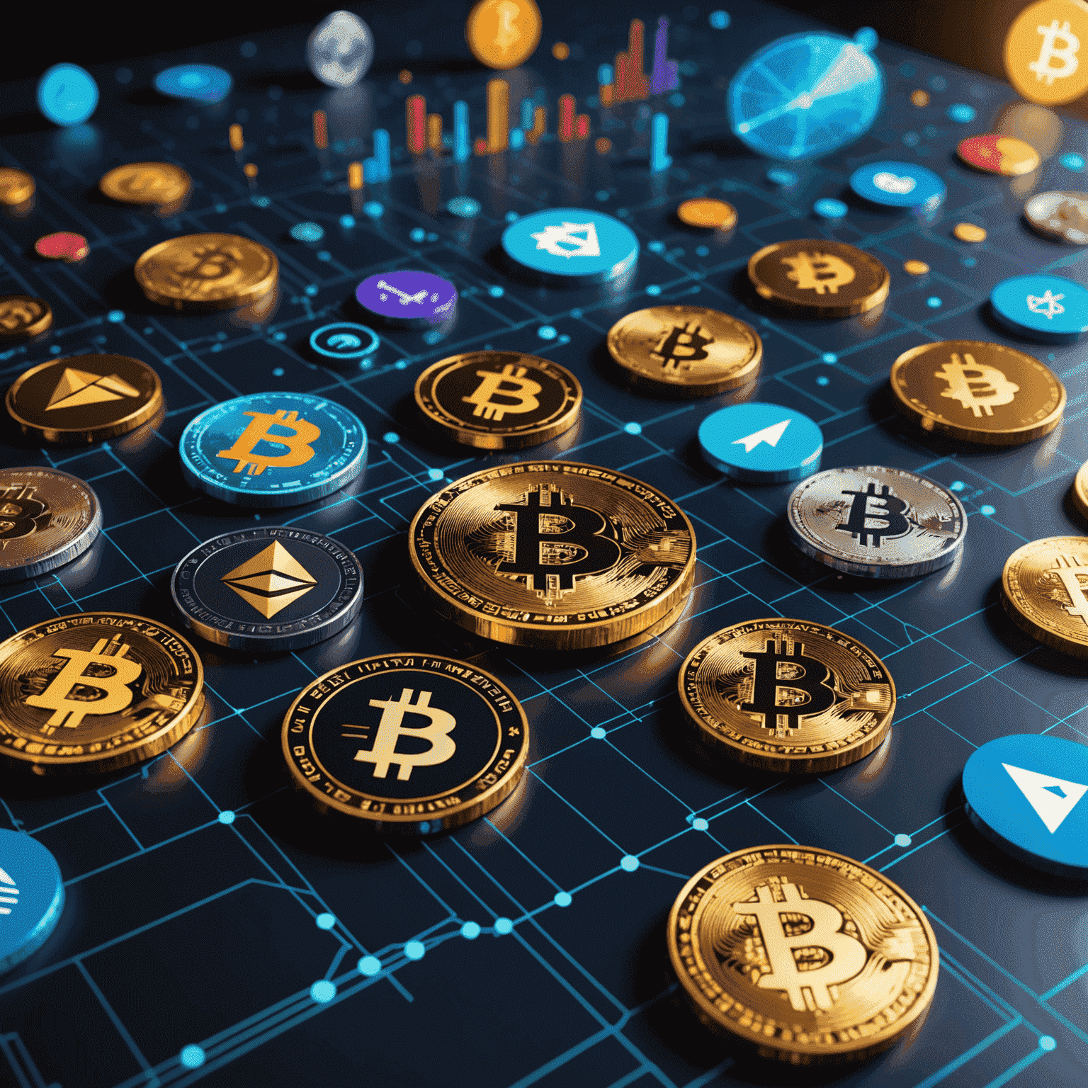 A digital representation of various cryptocurrencies, including Bitcoin, Ethereum, and others, floating in a futuristic cyberspace environment with graphs and charts in the background