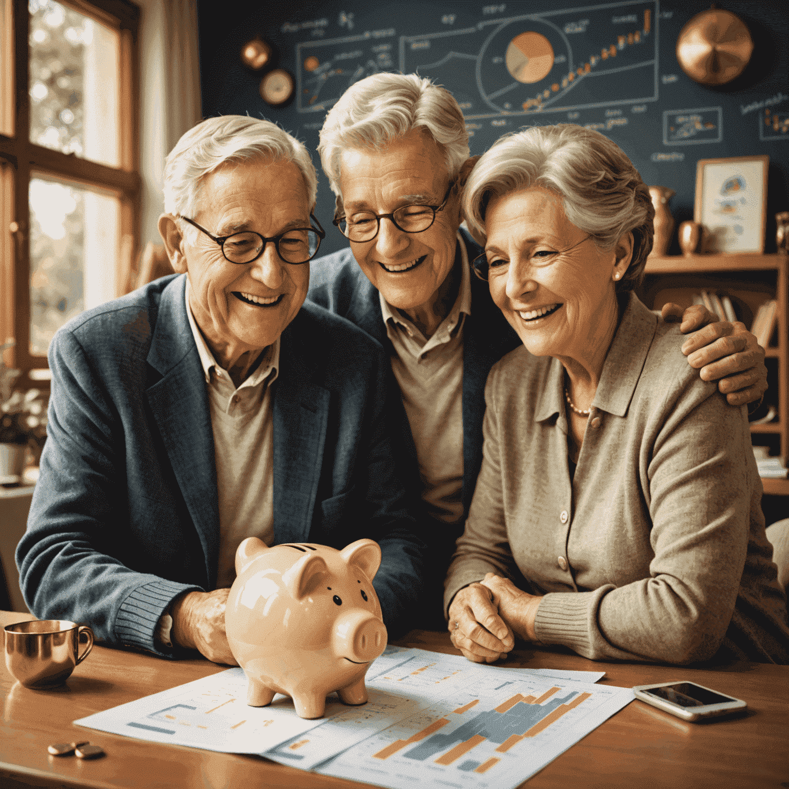 An illustration showing a happy retired couple enjoying their golden years, with financial charts and a piggy bank in the background, symbolizing successful retirement planning
