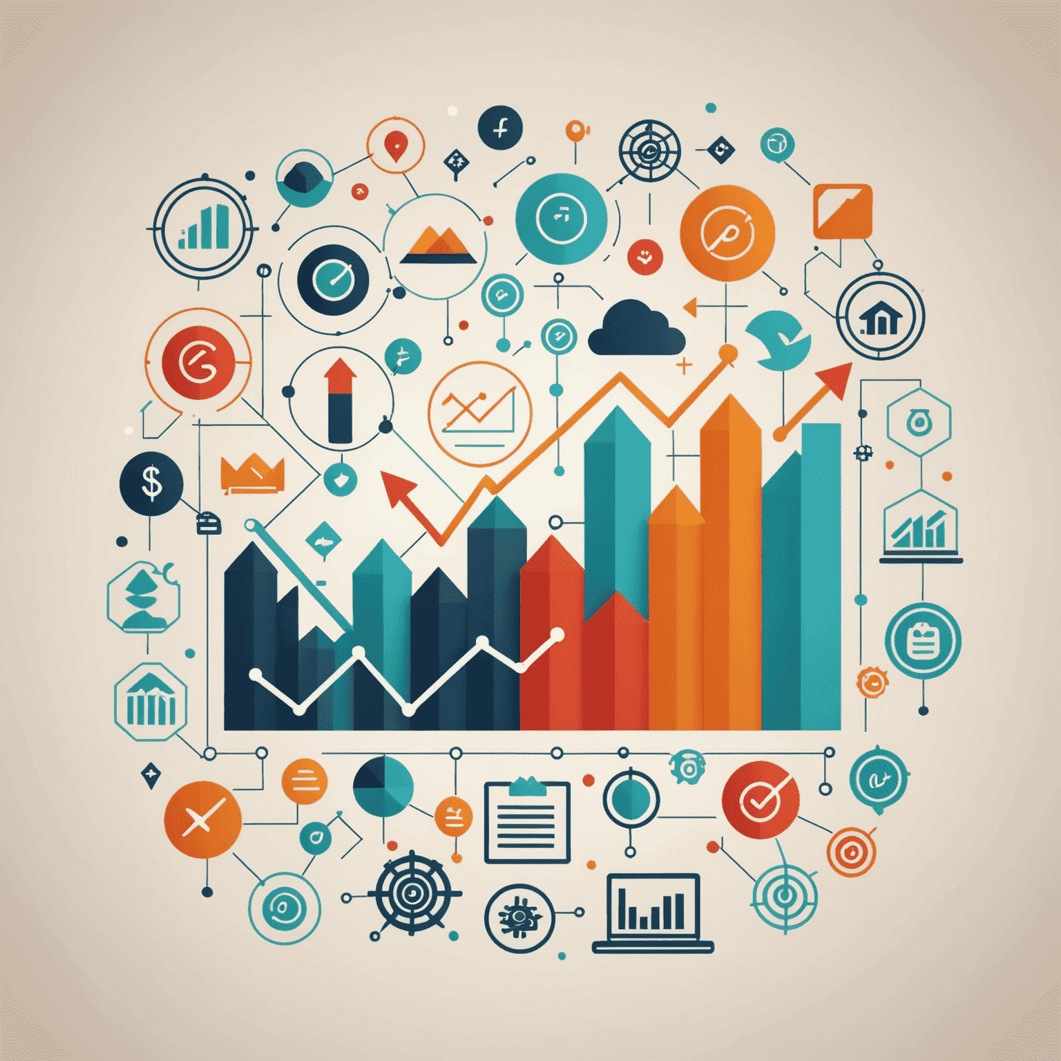 A dynamic line graph showing market trends with arrows pointing up and down. Icons representing different industries are scattered around the graph.