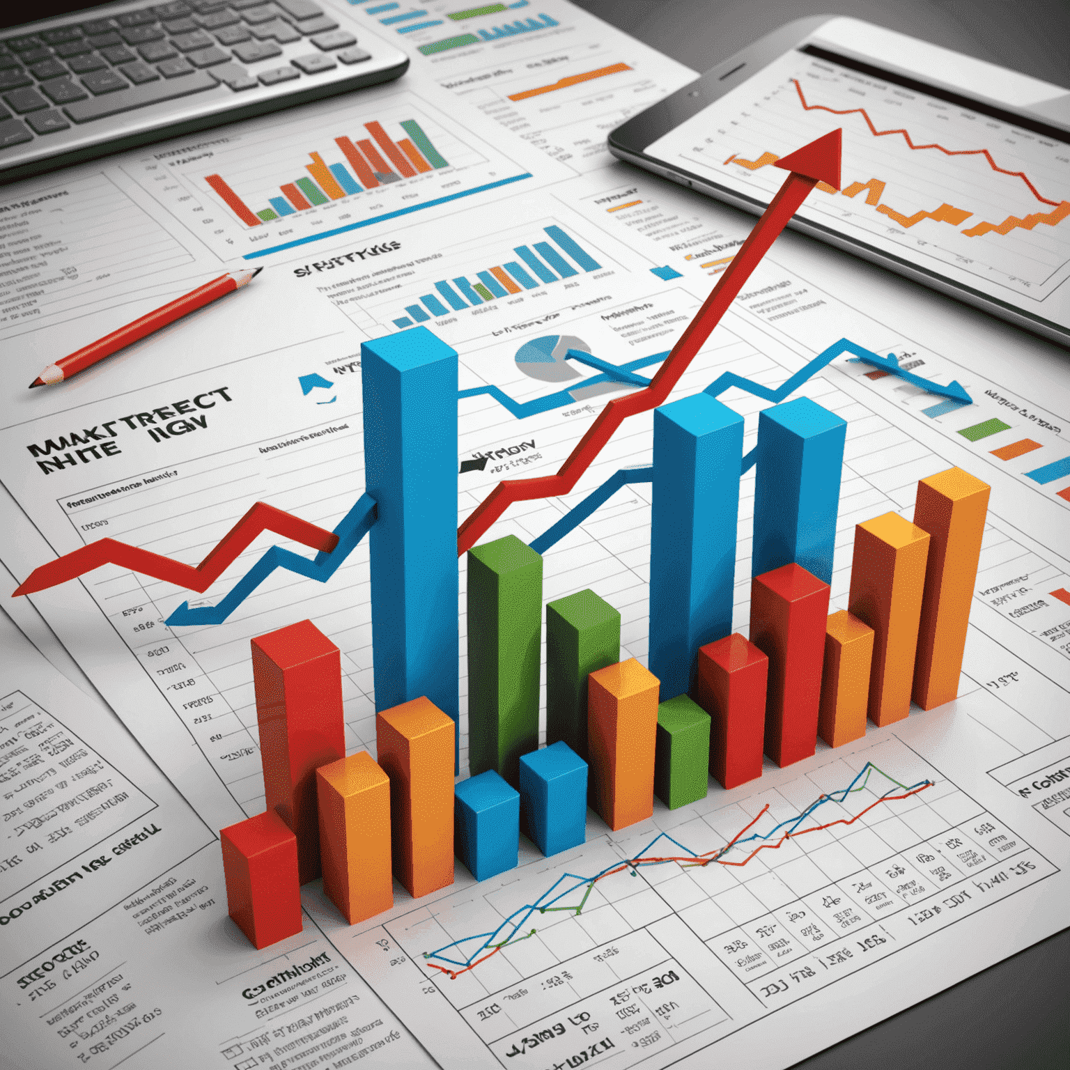 Dynamic graph showing market trends with arrows indicating ups and downs, surrounded by financial news headlines and economic indicators