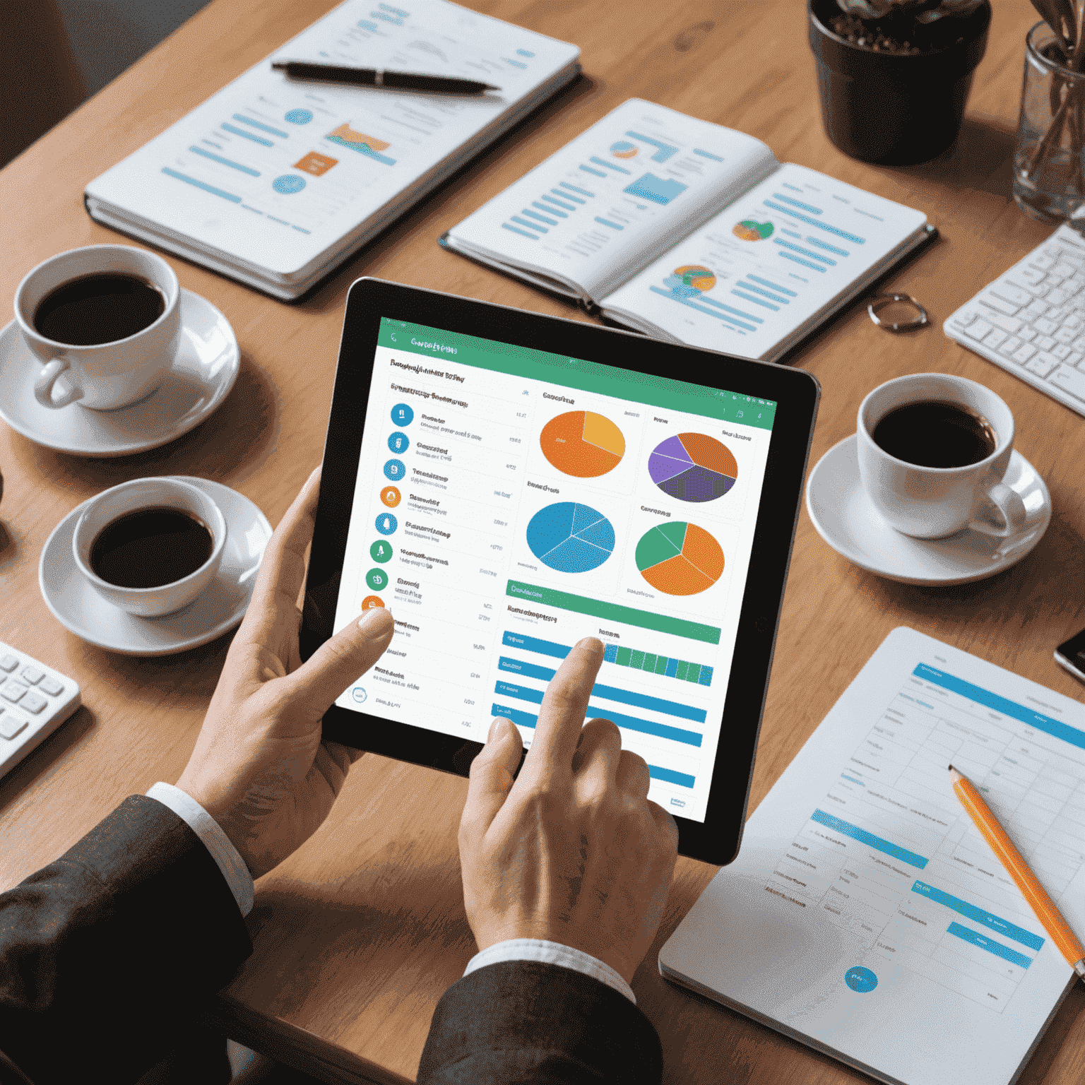 A person using a tablet with a budgeting app open. Various icons representing expenses and savings goals are floating around the screen.