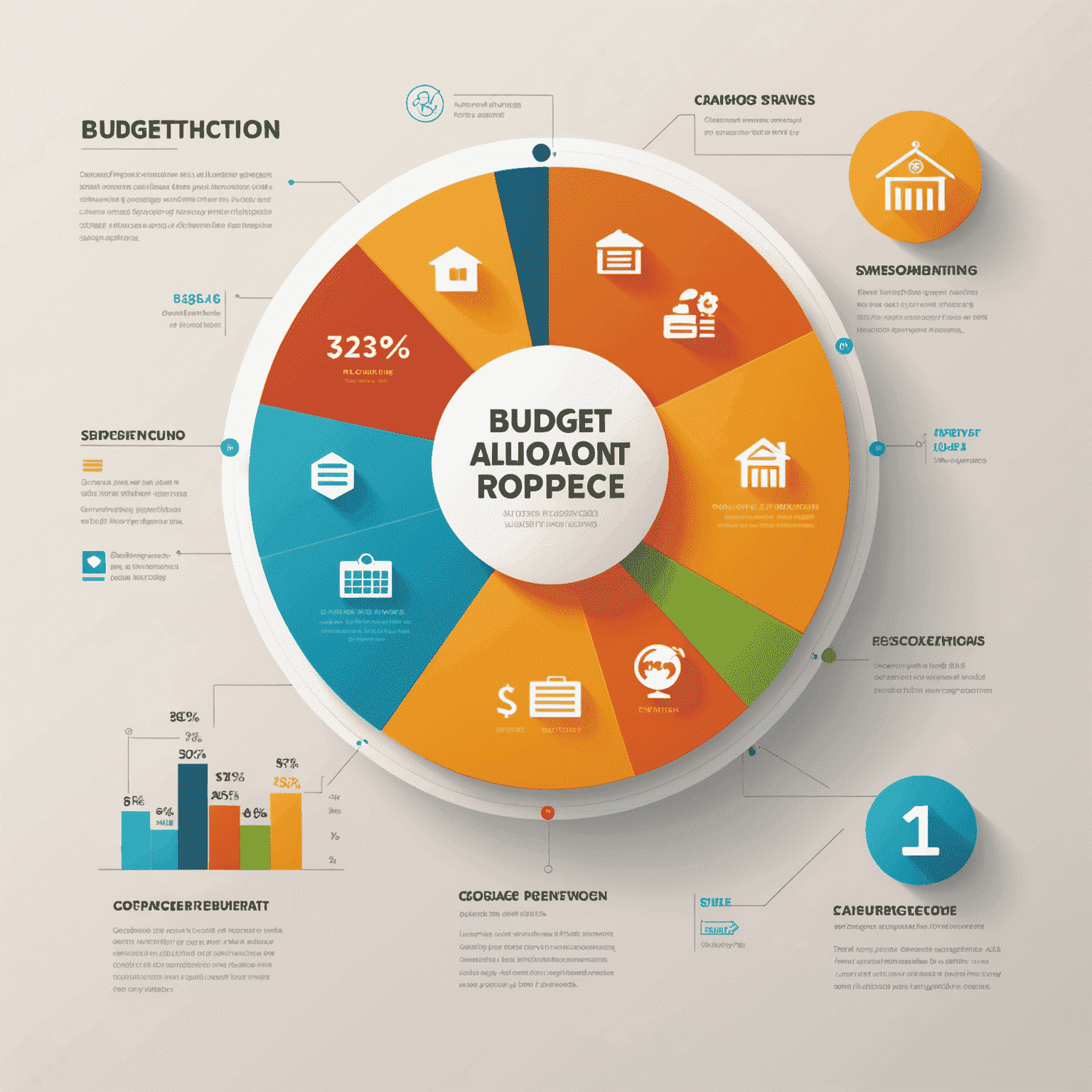 Infographic showing budget allocation pie chart, savings growth chart, and icons representing various expense categories