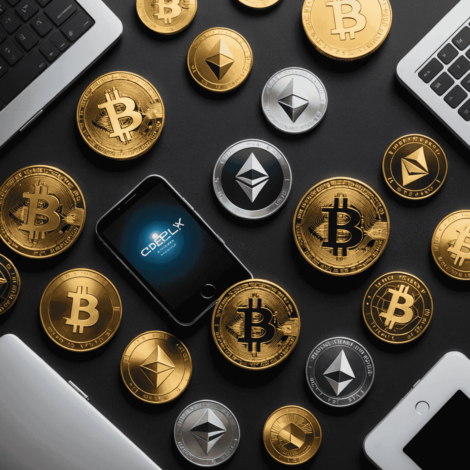 Illustration of various cryptocurrency coins, blockchain technology, and a digital wallet interface