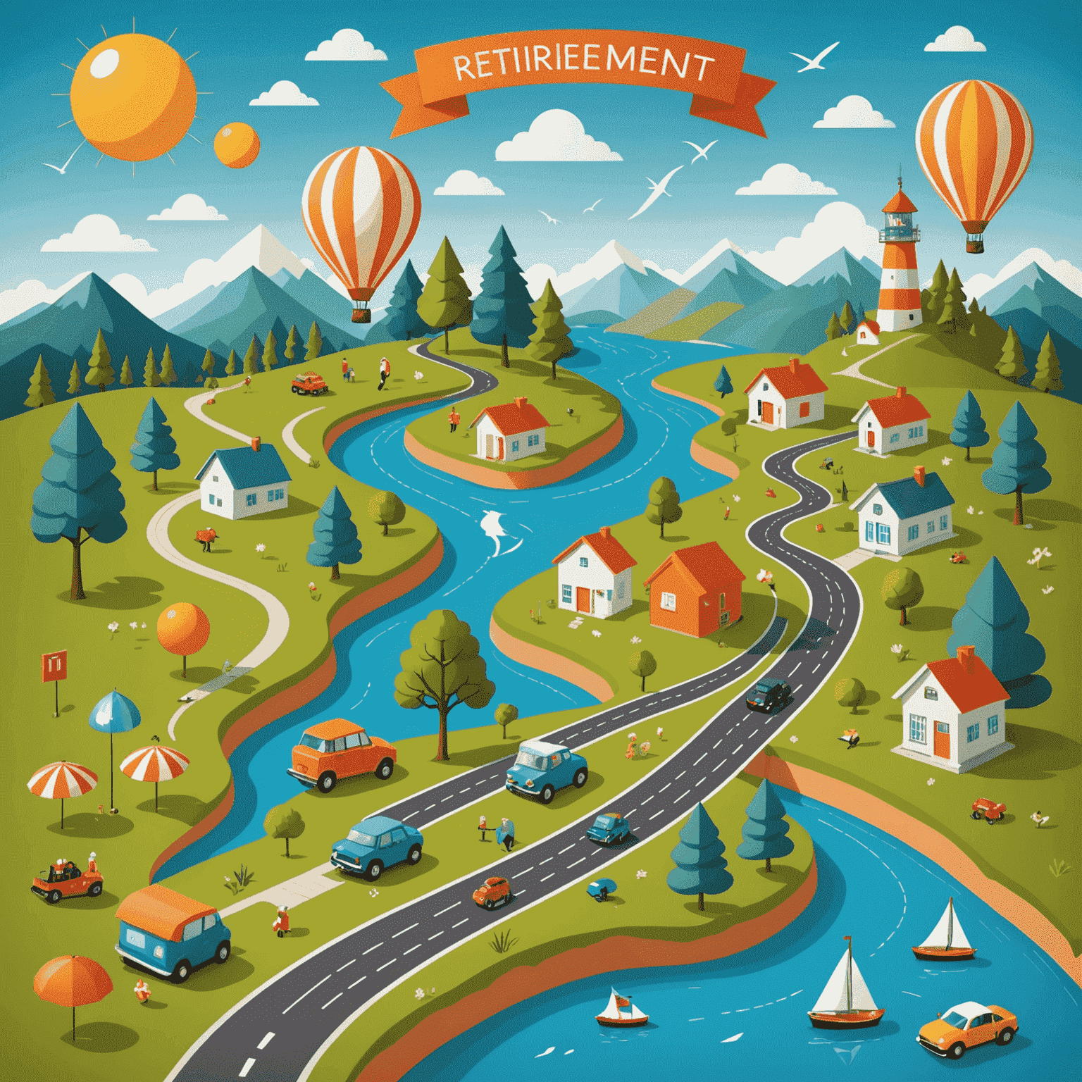 Illustration of a retirement roadmap with milestones, savings growth chart, and icons representing leisure activities